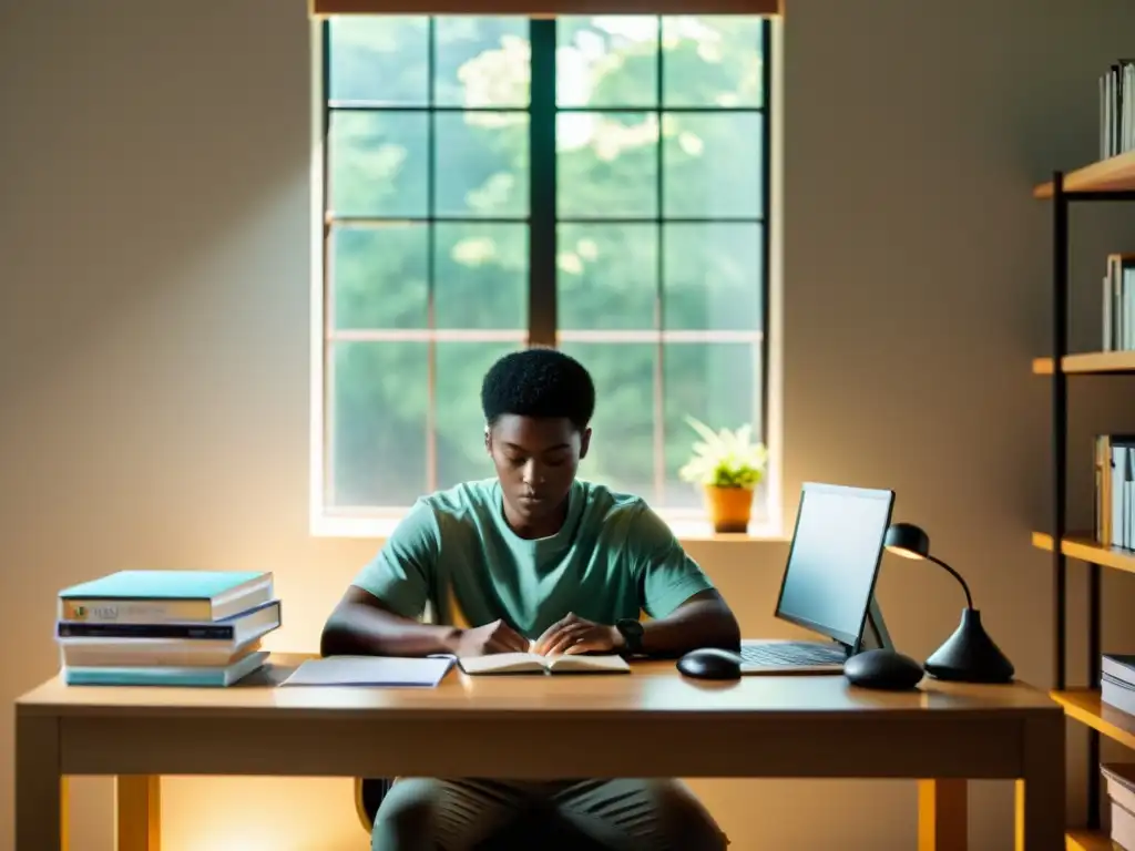 Persona concentrada estudiando para su certificación BSD, rodeada de luz natural