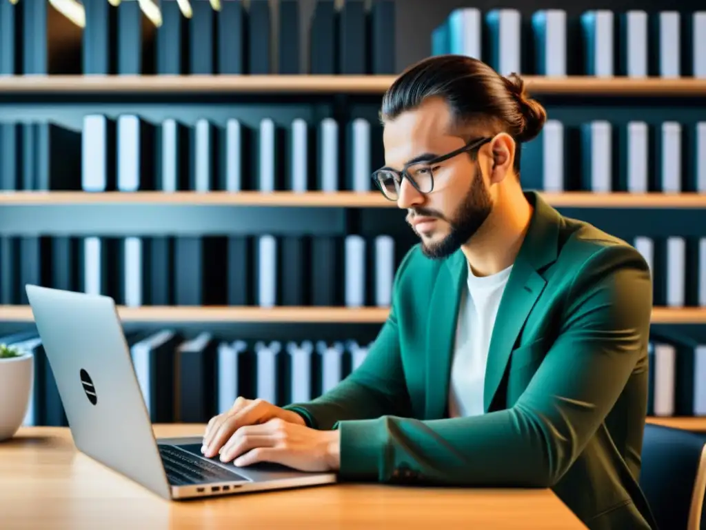 Persona concentrada, escribe código en laptop moderna rodeada de manuales y libros de referencia