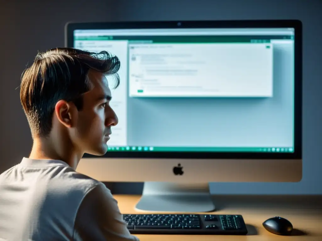 Persona concentrada usando una computadora Linux, con pantalla mostrando software de privacidad y herramientas de encriptación
