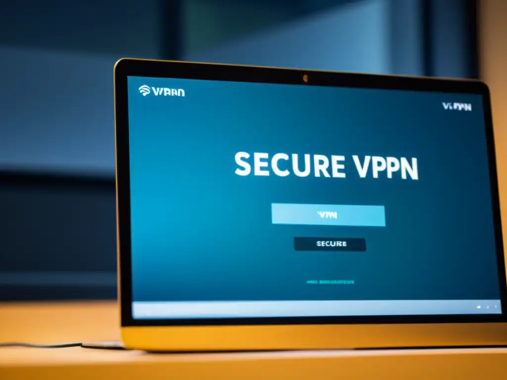 Persona concentrada trabajando en una computadora con conexión VPN segura en pantalla