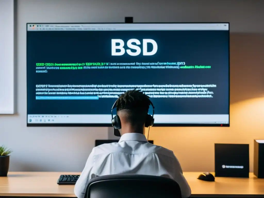 Persona concentrada resolviendo errores en BSD, rodeada de mensajes de error en la pantalla, en un espacio de trabajo sereno y profesional