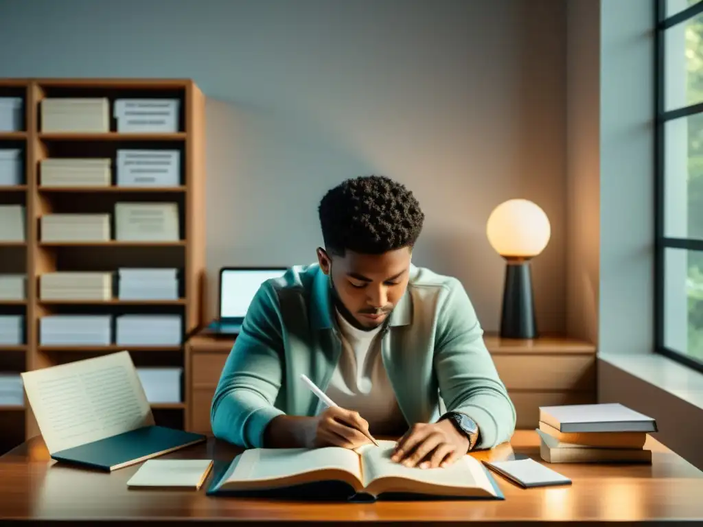 Persona concentrada estudiando para Certificación CompTIA Linux+ en un escritorio moderno rodeada de libros y notas, bañada en luz suave y tranquila