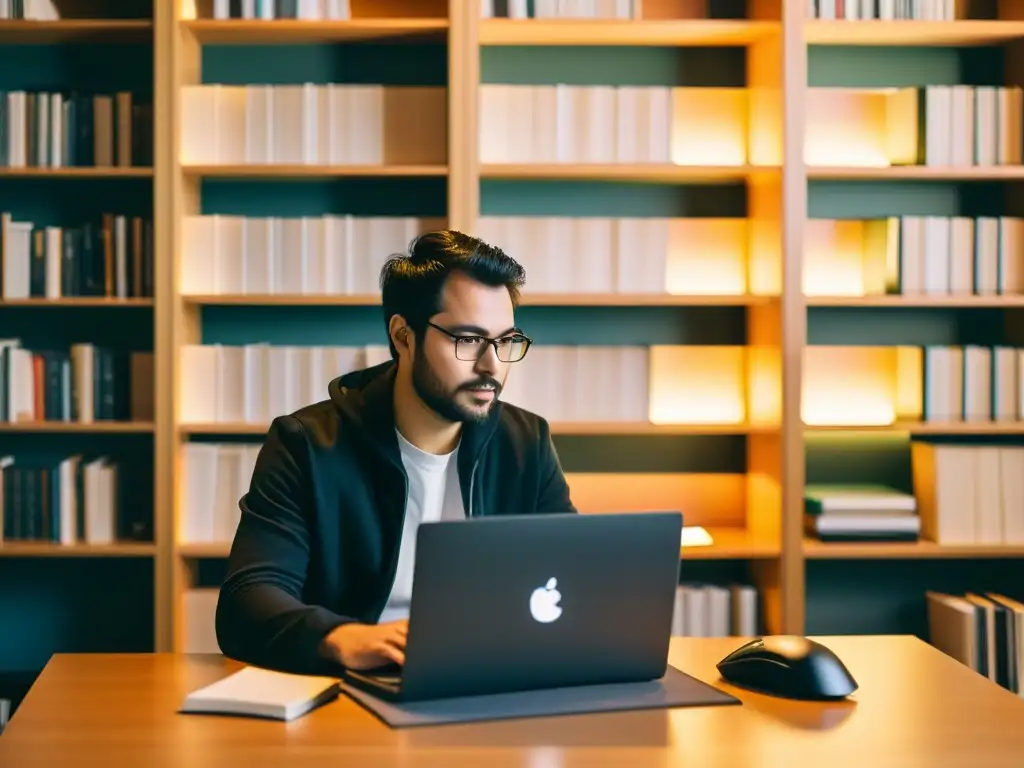 Persona concentrada escribiendo en un escritorio rodeada de libros abiertos y un ordenador con Linux