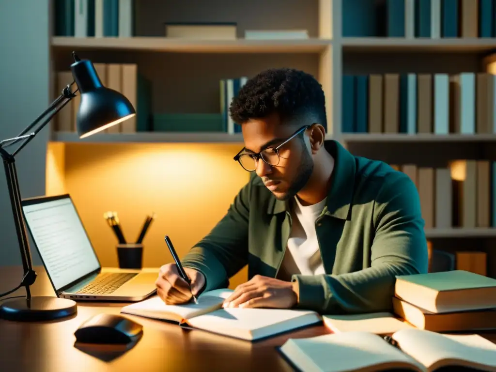 Persona concentrada estudiando en un escritorio, rodeada de libros, notas y una laptop