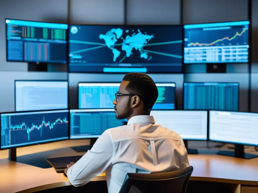 Persona concentrada en un examen de certificaciones en Linux, rodeada de monitores con código y visualizaciones de datos