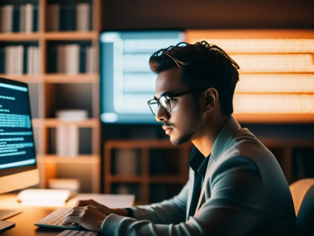 Persona concentrada frente a la computadora, con código y software de privacidad en pantalla