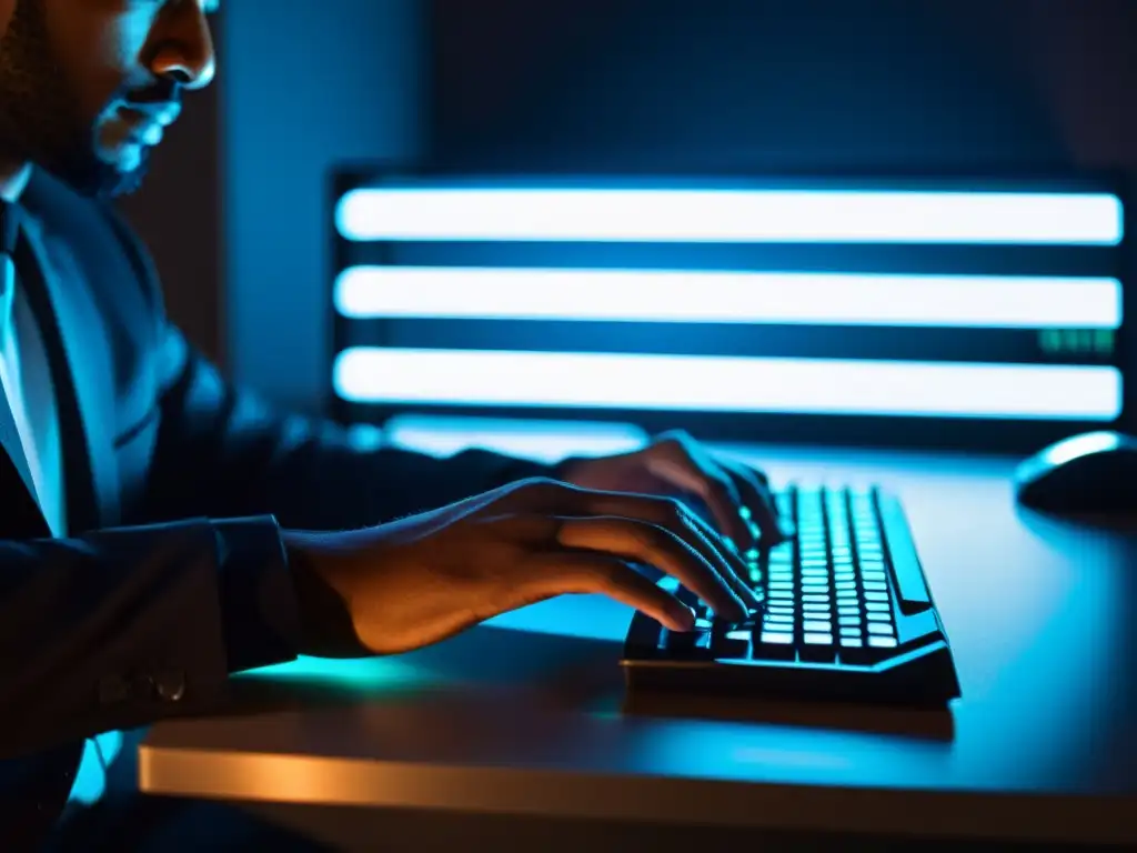 Persona concentrada tecleando en una habitación tenue, con el brillo de la pantalla iluminando su rostro