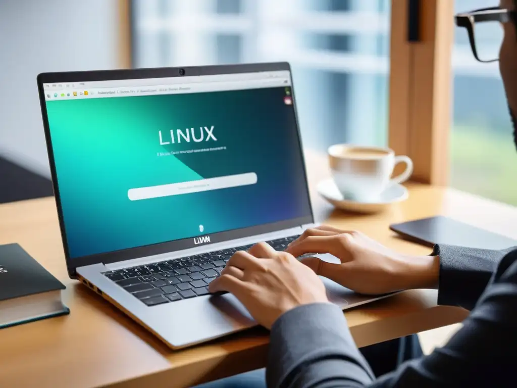 Persona concentrada usando laptop con Linux, rodeada de recursos gratuitos para aprender Linux en un entorno profesional y ordenado