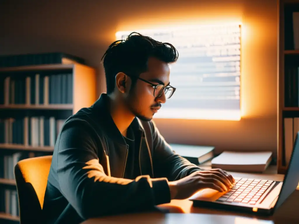 Persona concentrada estudiando programación Linux con libros abiertos y código en pantalla