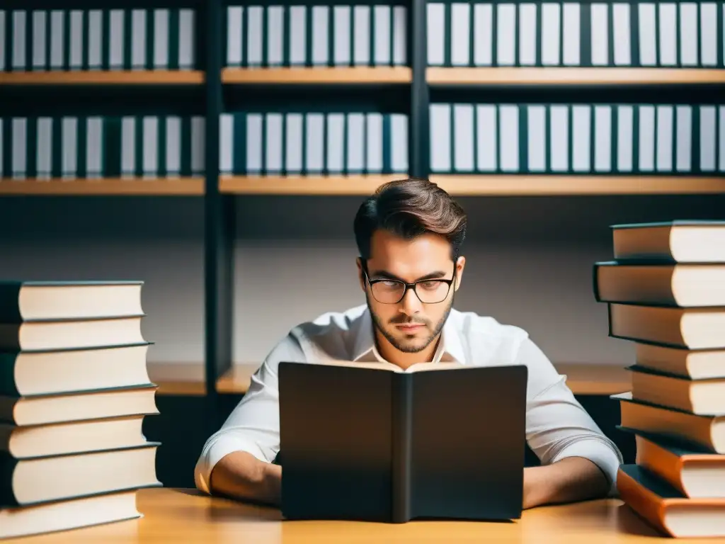 Persona concentrada leyendo libros de networking para Linux en un escritorio ordenado, rodeada de libros apilados