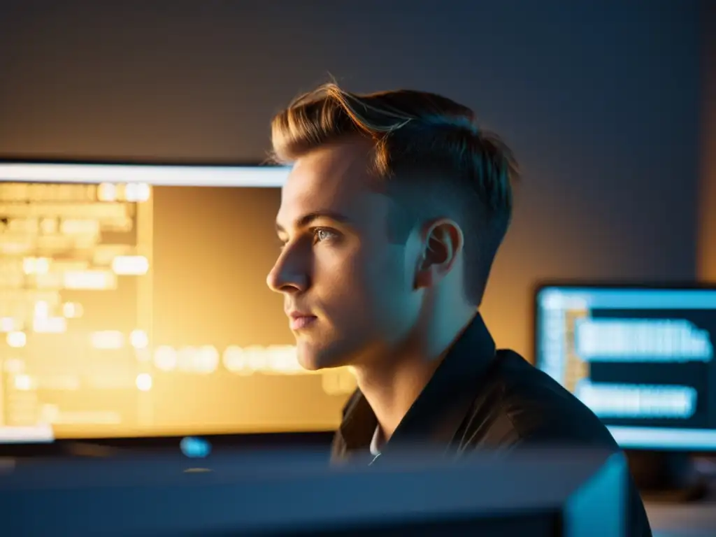 Experto en Linux: dominando el código con determinación Persona concentrada trabajando en Linux, con cursos online gratis linux experto, en una oficina moderna y luminosa