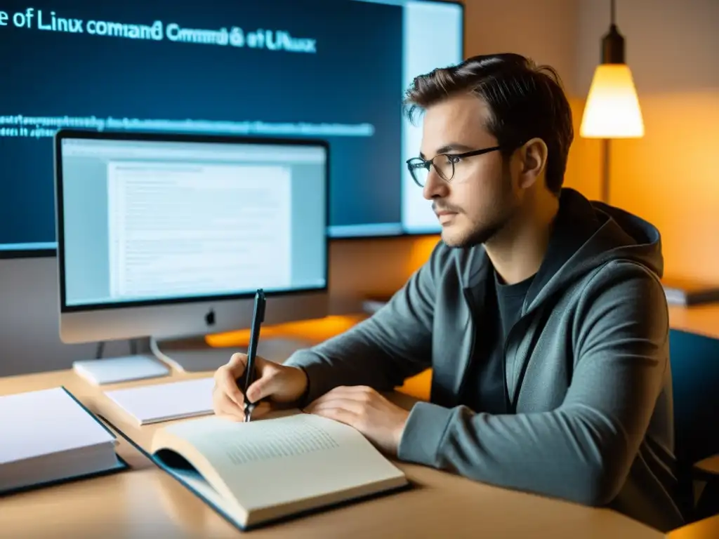 Persona concentrada estudiando Linux rodeada de libros y computadora