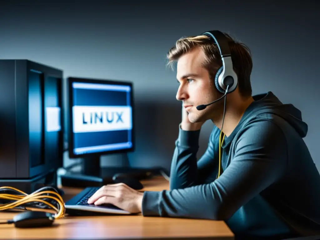 Persona concentrada trabajando en su servidor dedicado Linux, rodeada de tecnología