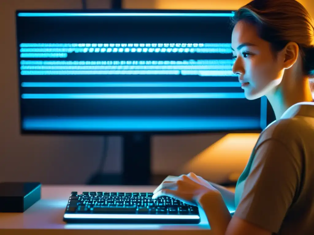 Persona concentrada en el teclado con pantalla iluminada, dominando la línea de comandos