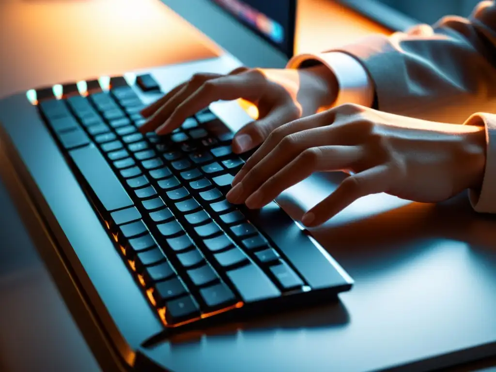 Profesionalidad y Productividad: Transición a Linux Una persona teclea con confianza en un teclado moderno, iluminada por una cálida luz natural