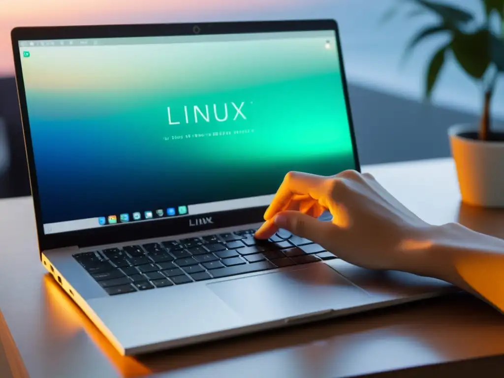 Persona usando con elegancia un sistema operativo Linux en un portátil moderno, creando un ambiente sereno y enfocado