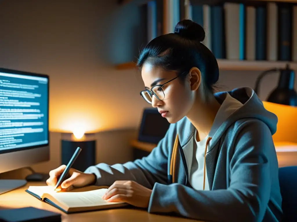 Persona enfocada estudia para certificaciones en Linux para carrera en escritorio minimalista con libros y computadora