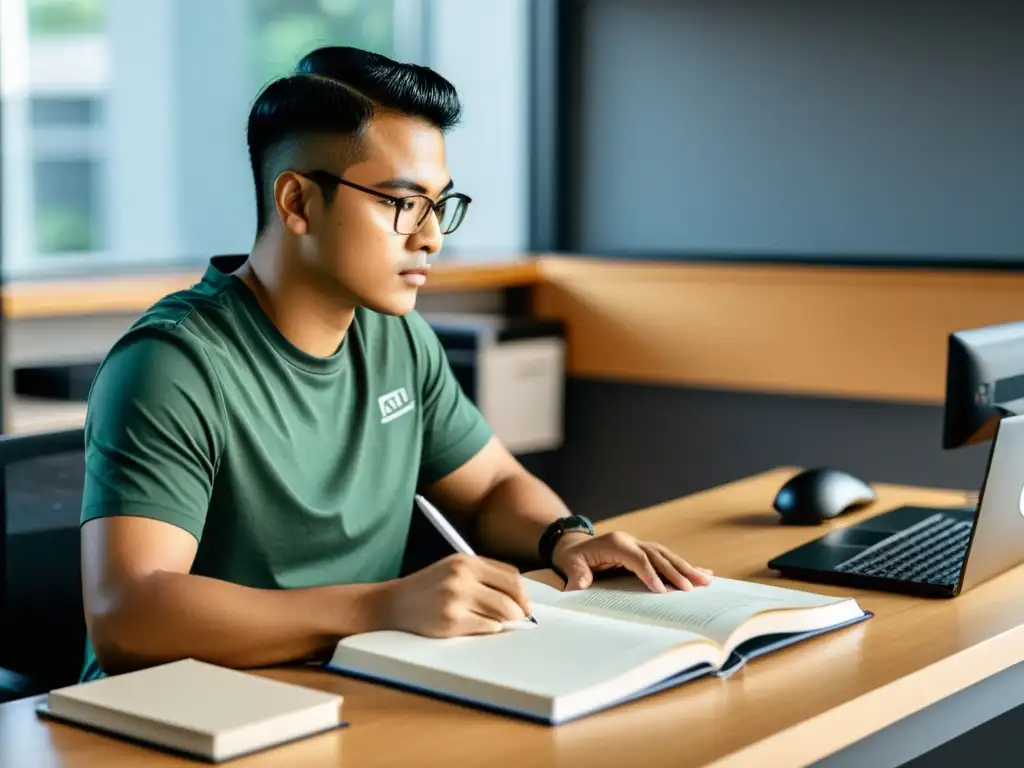 'Persona enfocada estudiando para certificaciones en Linux, con escritorio organizado y seriedad