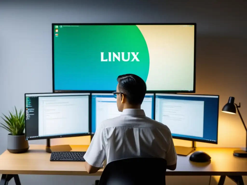 Iniciación en Linux fuera de Windows: Persona enfocada usando una computadora Linux en un espacio de trabajo organizado y profesional