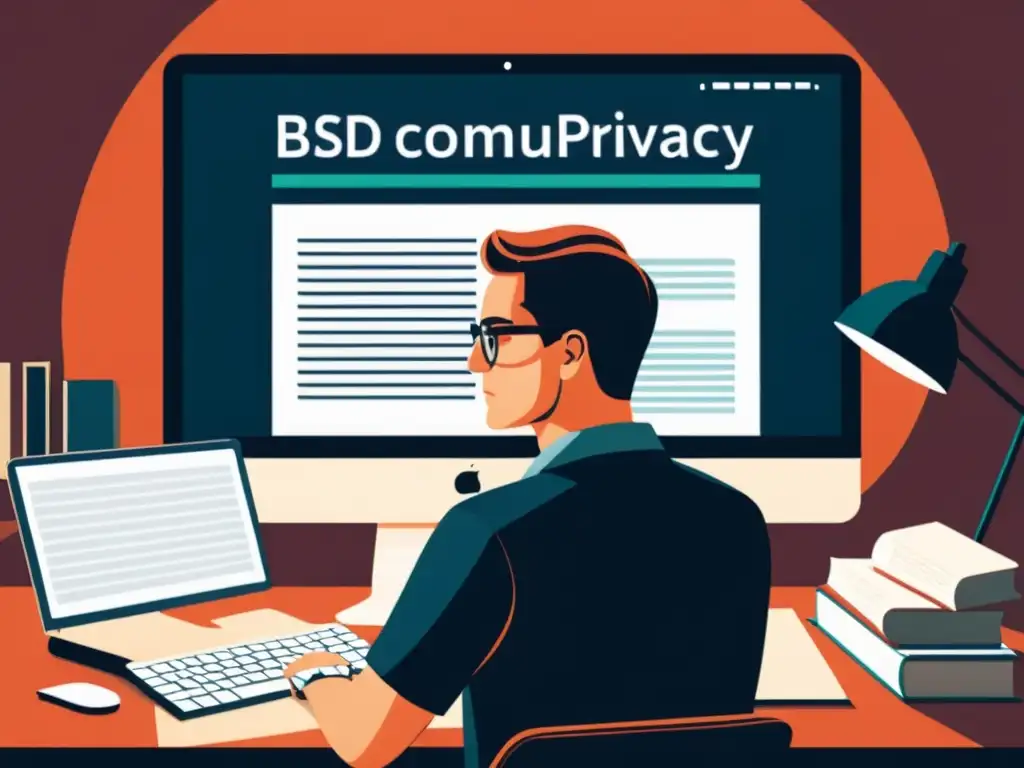 Persona enfocada en computadora rodeada de libros sobre privacidad, transmitiendo mejores prácticas privacidad BSD