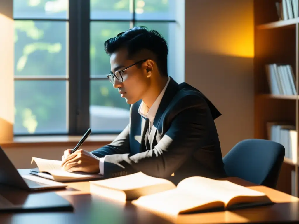 Persona enfocada en estudio de Certificaciones en Linux para carrera, rodeada de material de estudio y luz cálida