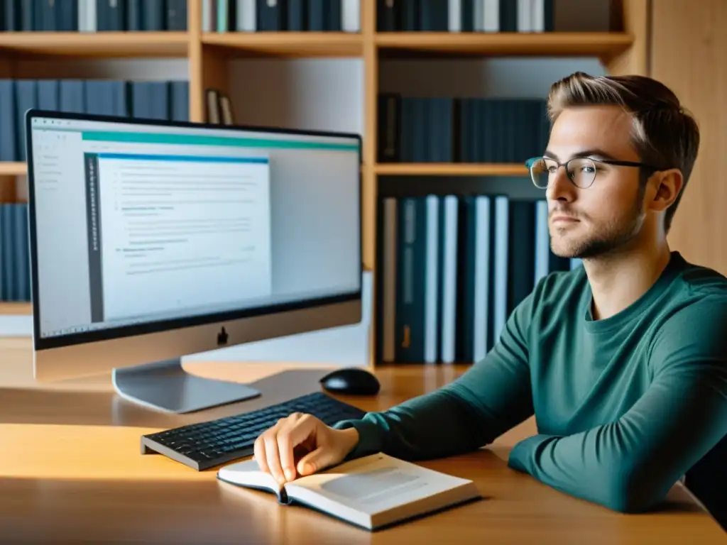 Persona enfocada estudiando libros de certificaciones en Linux para carrera en escritorio ordenado con computadora moderna