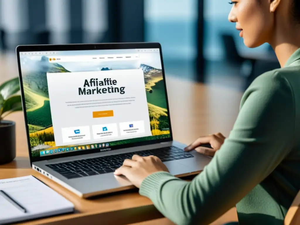 Persona enfocada en el marketing de afiliación con Linux, trabajando en un portátil en un entorno minimalista y profesional