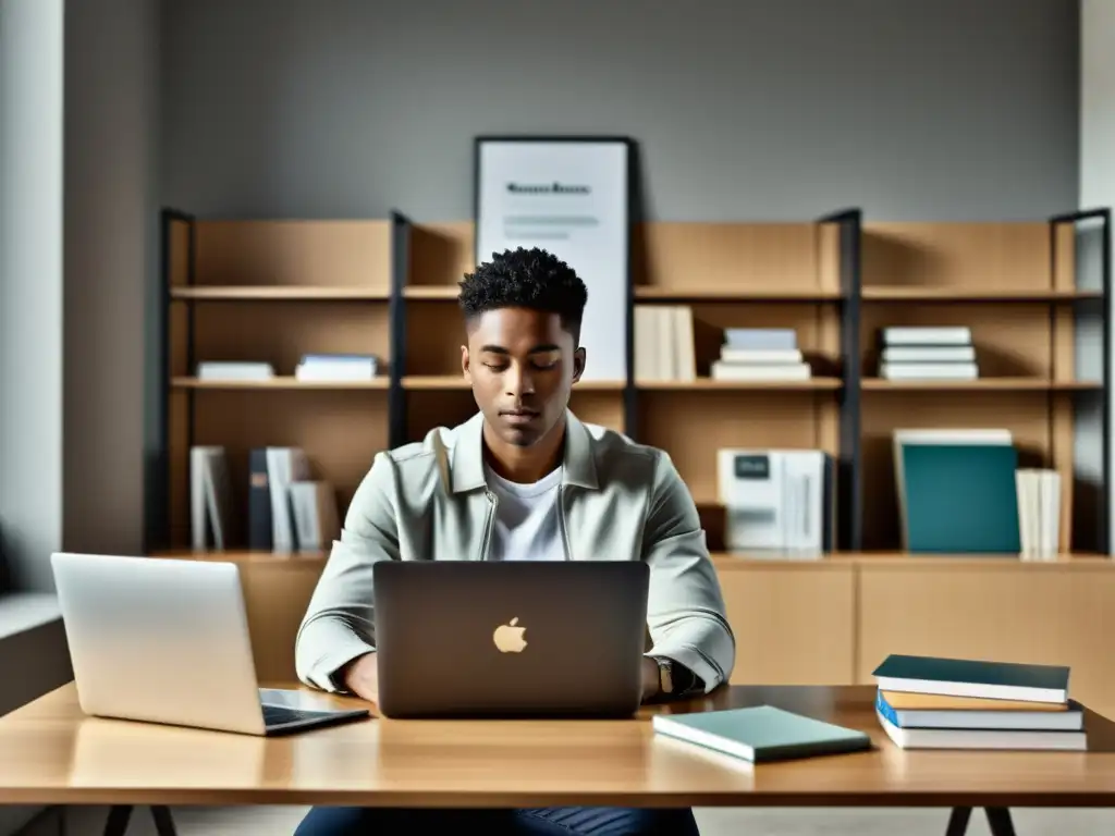 Persona enfocada en la pantalla de un portátil en un escritorio moderno y limpio, rodeada de libros y materiales de estudio