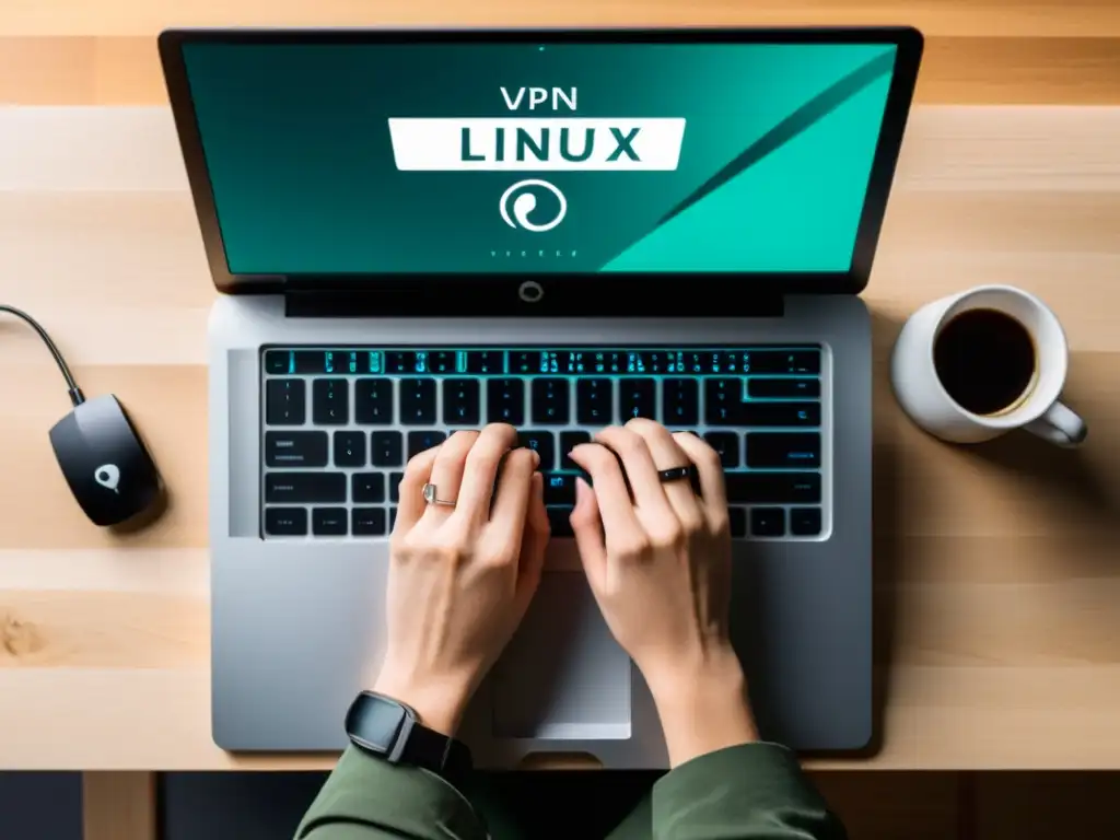 Persona enfocada en la privacidad y seguridad, trabajando en su laptop con VPN para Linux