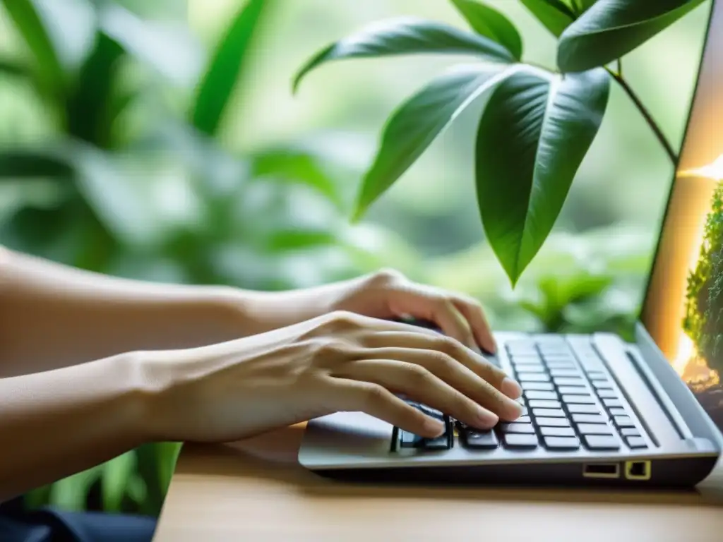 Persona trabajando en un entorno Linux rodeada de plantas, transmitiendo calma y enfoque