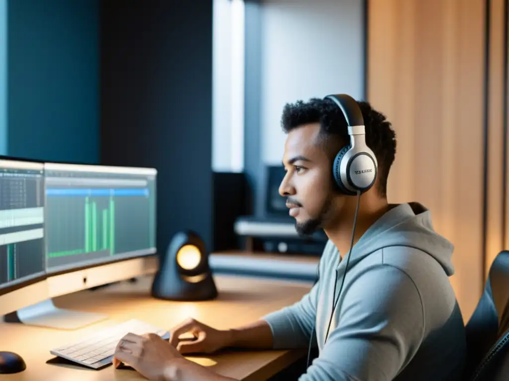 Persona ajustando equipo de grabación de audio en un estudio minimalista con luz natural