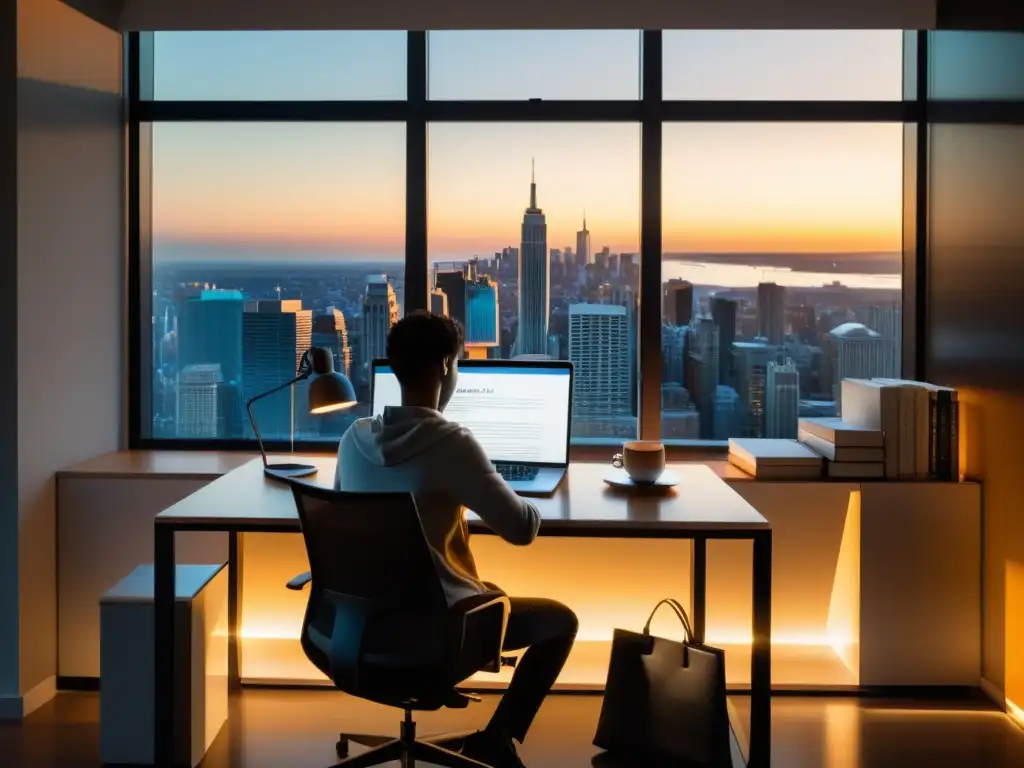 Persona estudiando en un escritorio moderno con vista a la ciudad