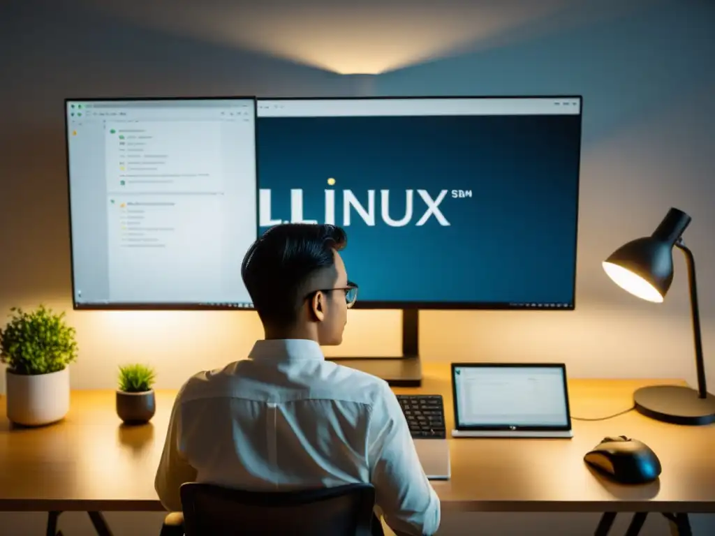 Persona trabajando en un espacio minimalista con decoración moderna, rodeada de calma y enfoque, con los logos de Linux y BSD en la pantalla