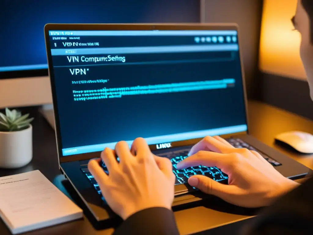Persona experta realiza configuración avanzada de VPN en Linux en ambiente sereno y profesional
