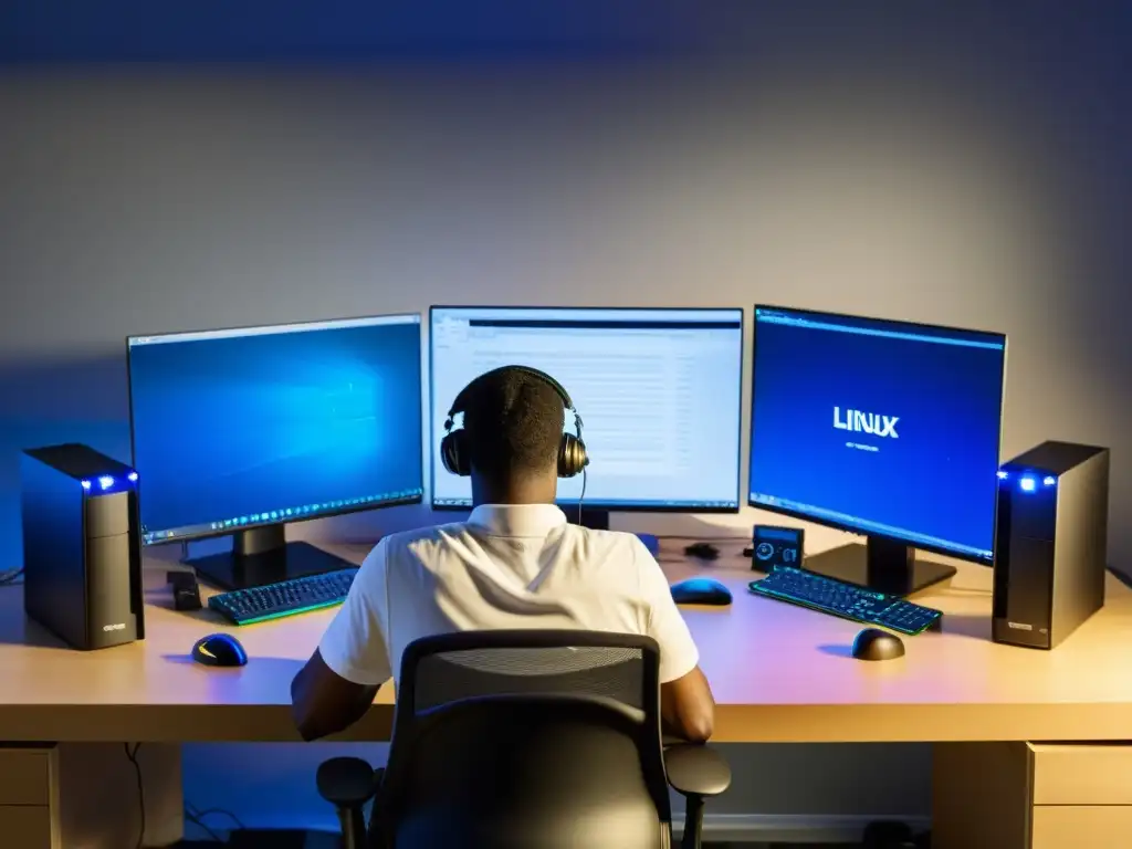 Experto en Linux: Montaje y Transición Persona experta en transición a Linux, ensamblando computadora con guía experta a su lado