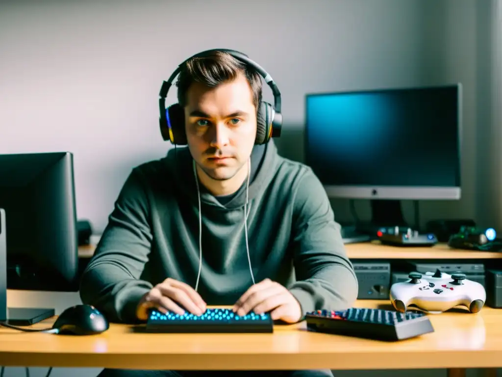 Persona experta ajusta configuraciones gaming Linux óptimas, rodeada de controladores y enfoque profesional