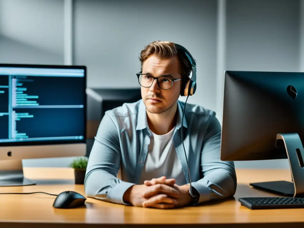 Persona frustrada resolviendo problemas en Linux frente a la computadora en una oficina minimalista