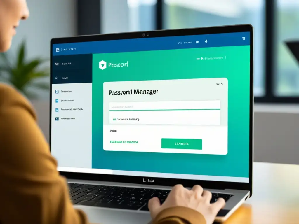Persona usando gestor de contraseñas en Linux, interfaz organizada y segura