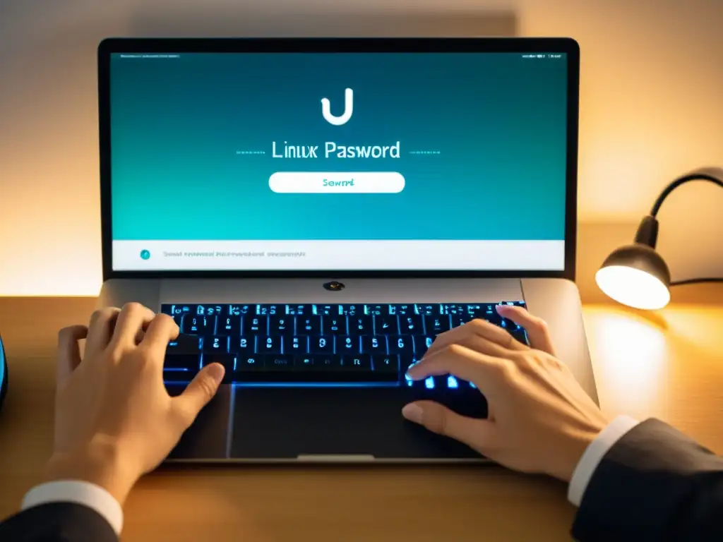 Persona utilizando gestor de contraseñas en Linux, enfocando en la seguridad y profesionalismo