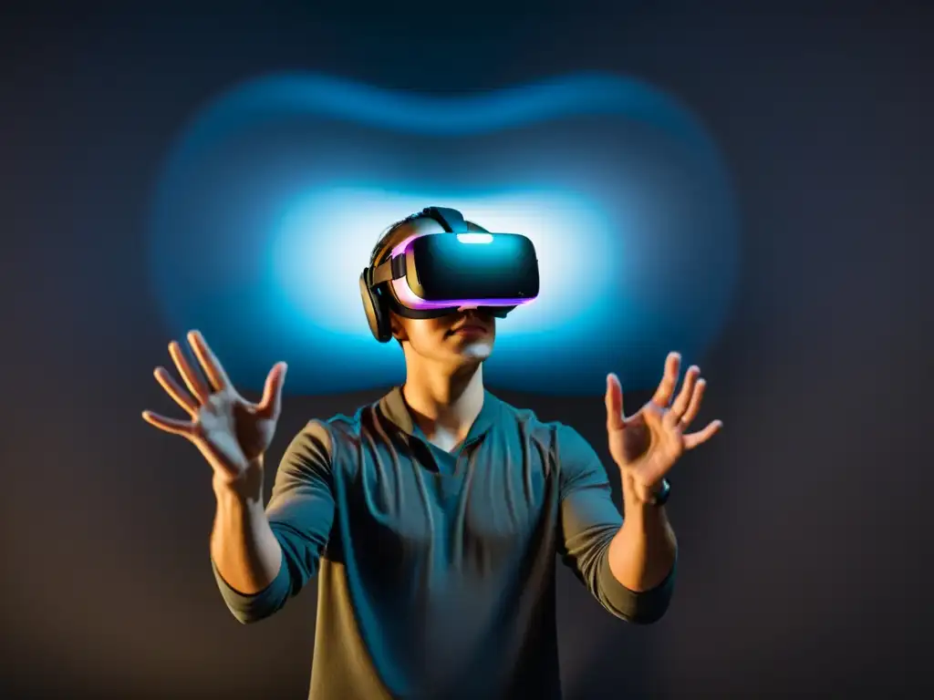 Realidad virtual inmersiva: explorando un mundo 3D Persona inmersa en ambiente 3D con auriculares de realidad virtual, en la oscuridad