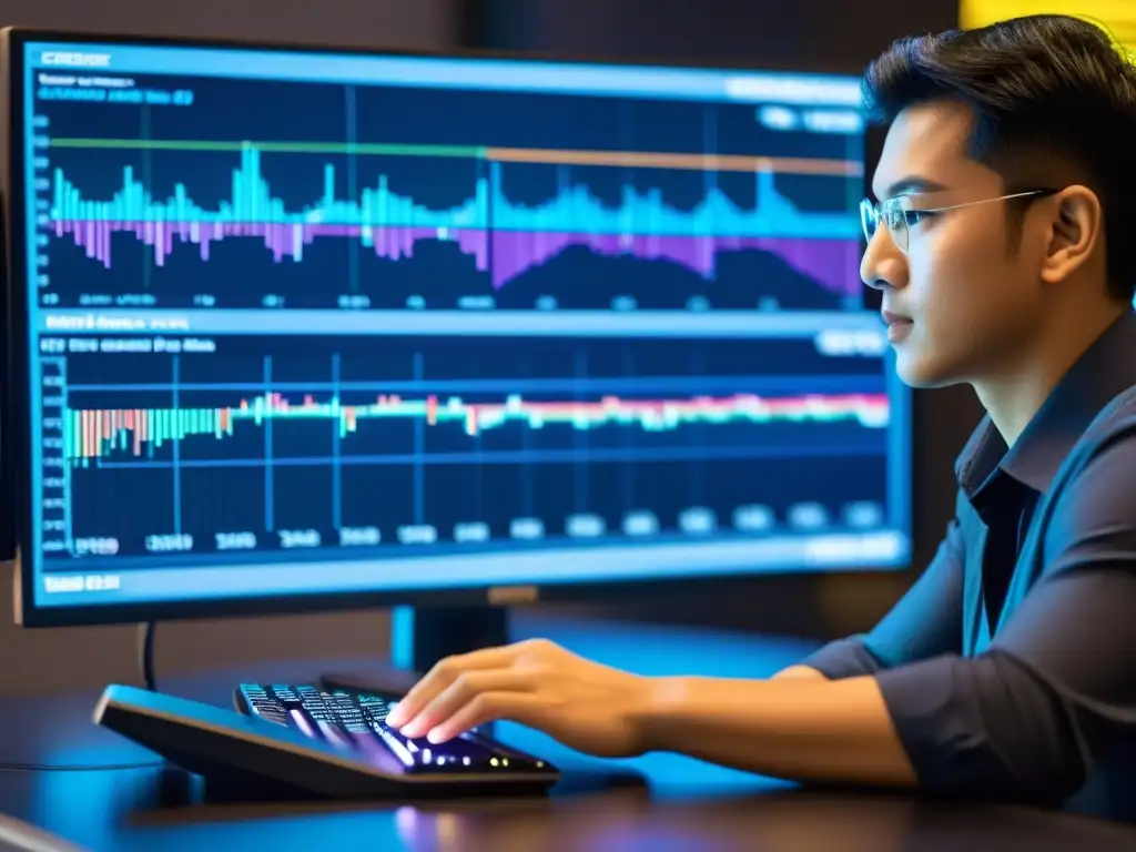 Persona inmersa en el aprendizaje automático en BSD, frente a un monitor con complejos algoritmos y visualizaciones de datos