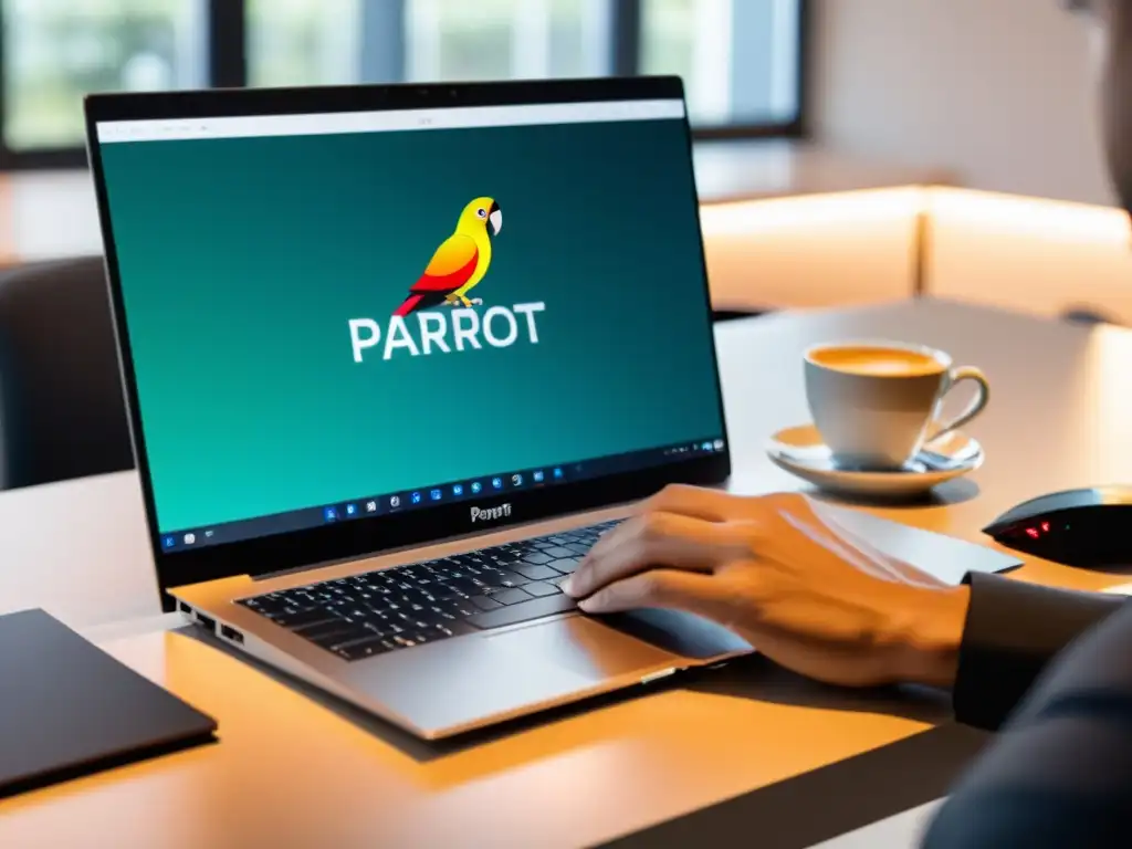 Persona tecleando en laptop con Parrot Security OS, ambiente profesional y tranquilo