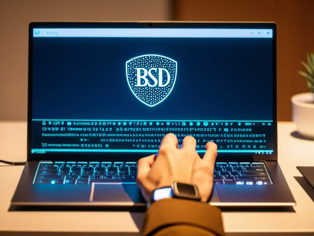 Persona tecleando en laptop BSD, mostrando interfaz de línea de comandos y logo del sistema operativo