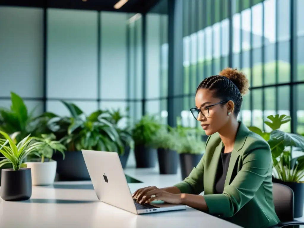 Persona trabajando en laptop con código y algoritmos de IA en oficina moderna rodeada de plantas