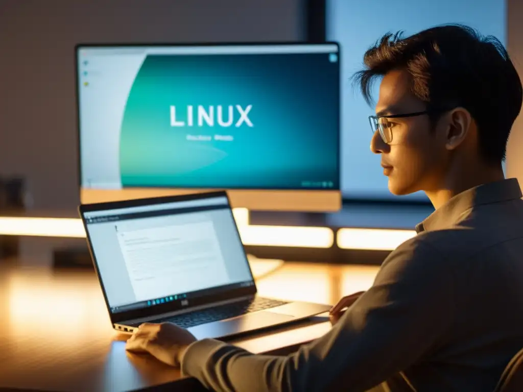 Persona usando laptop con Linux, enfocado en la privacidad digital en un ambiente sereno y contemplativo