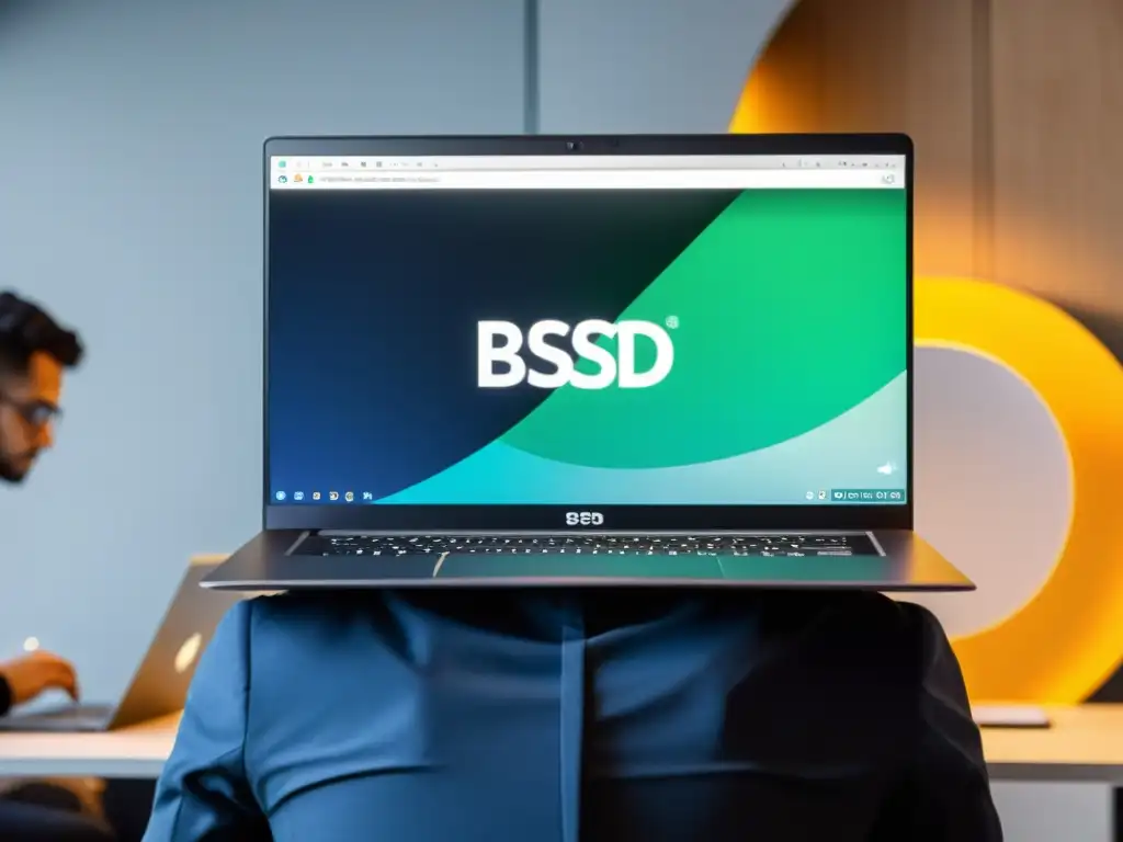 Persona usando laptop con logos de BSD y Linux