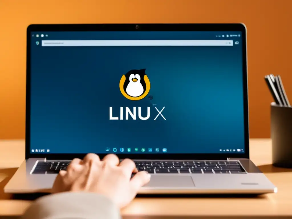 Persona trabajando en un laptop con logos de Linux y BSD, en un espacio organizado