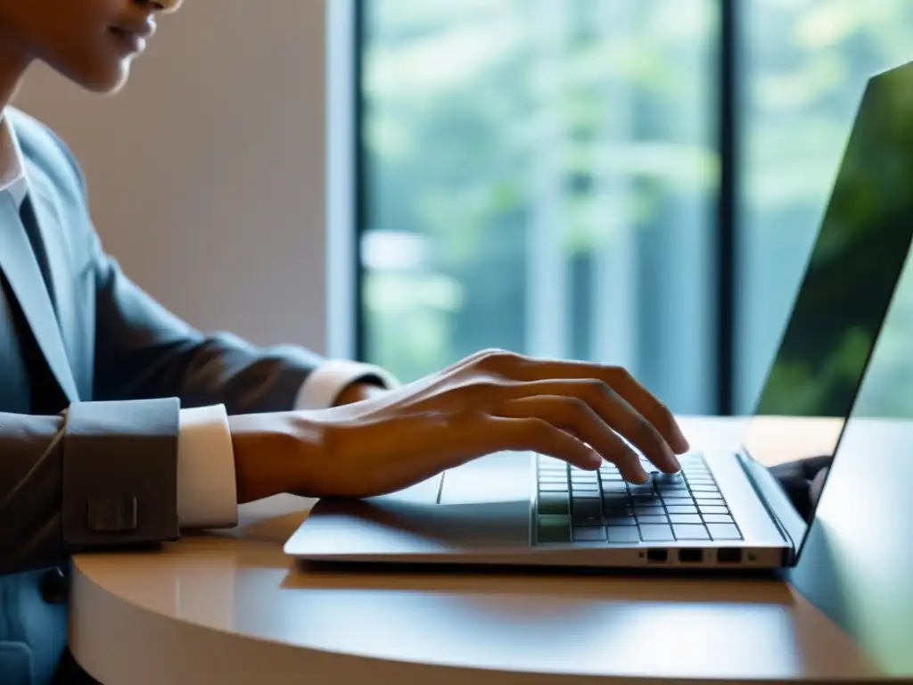 Persona trabajando en laptop moderna en un espacio minimalista, reflejando la eficiencia de los sistemas operativos alternativos