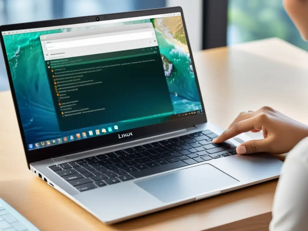 Persona escribiendo en una laptop moderna con protector de privacidad, mostrando privacidad digital en Linux
