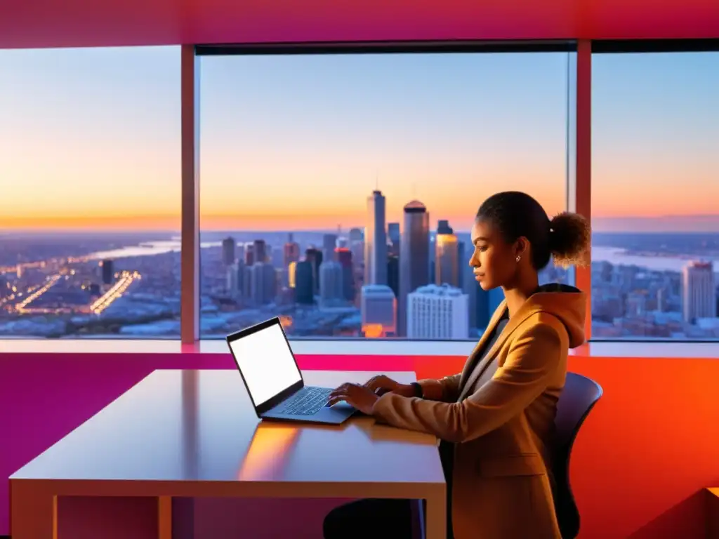 Persona trabajando en laptop con vista panorámica de la ciudad al atardecer